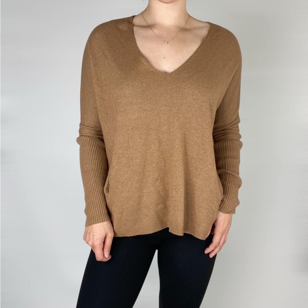 BABATON Baylor Wool Linen Blend Pocket‎ V Neck Sweater Brown